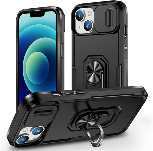 Case for iPhone 14 Phone Case with Slide Camera Cover, with Finger Ring Holder Stand, fit Magnetic Car Mount, for iPhone 14 - Black