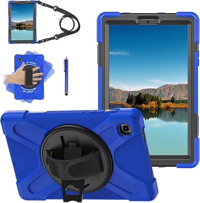 Case for Samsung Galaxy Tab A7 Lite 8.7 2021 (SM-T220/T225/T227),Portable Heavy Duty Dropproof Protective Cover Case with 360 Rotating Stand,Handle & Shoulder Strap,Stylus Pen (New Blue)