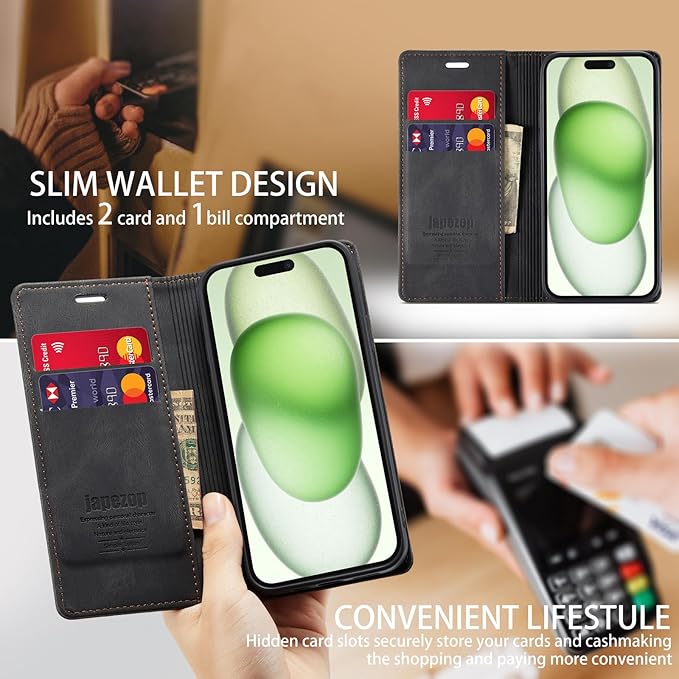 japezop iPhone 15 Plus 5G Wallet Case with RFID Blocking, Card Holder Kickstand Magnetic Leather Flip Case Wallet for iPhone 15 Plus 5G 6.7 Inch(Black)