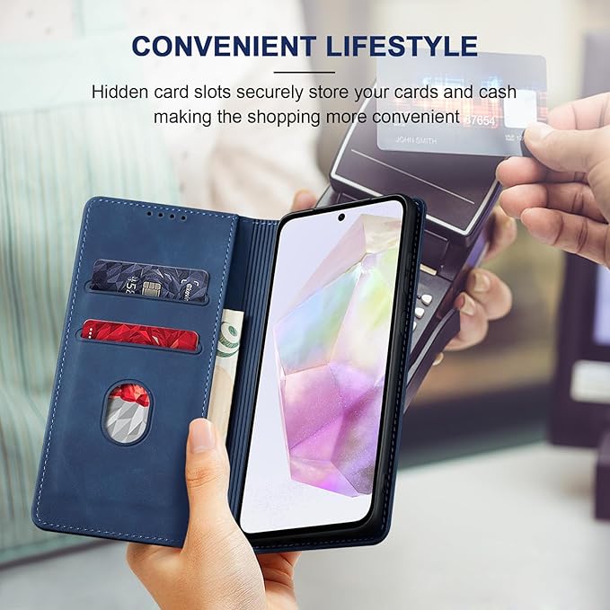 Jasonyu Flip Wallet Case for Samsung Galaxy A35,Leather Magnetic Folio Cover with Card Holder,Kickstand - TPU Shockproof Durable Protective Phone Case,Blue