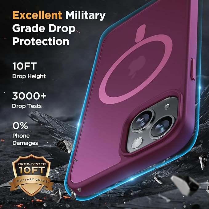 Miracase Magnetic for iPhone 15 Case (Compatible with MagSafe)（with 2X Screen Protectors） Military-Grade Protection, Anti-Fingerprint Translucent Matte Phone Cover for iPhone 15 6.1 inch, Wine Red