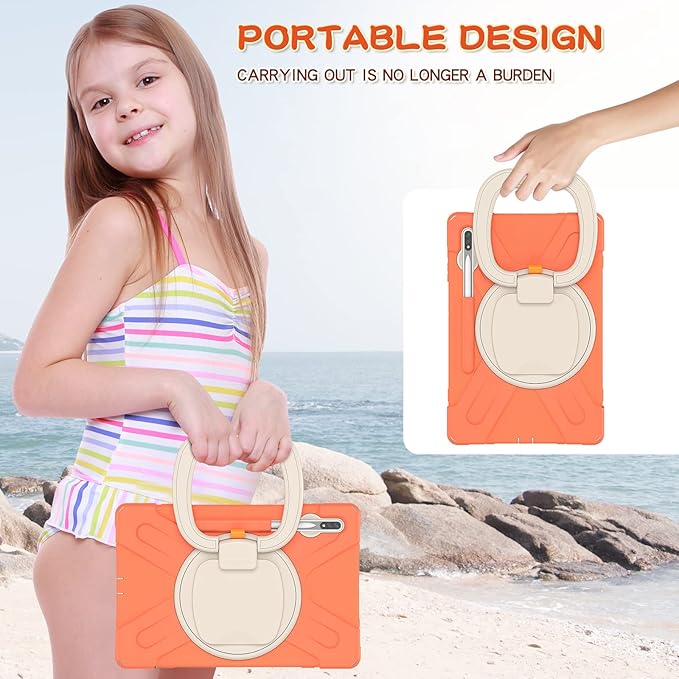 360 Rotation Portable Case for Galaxy Tab S8+/S7 FE/S7+ 12.4 Inch Case with S Pen Holder Rugged Case Rotating Stand Hand Strap Shoulder Carrying Strap Outdoor Cover (Orange)