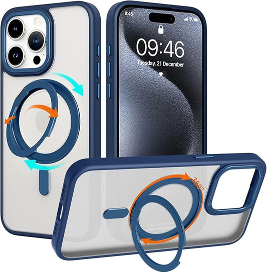 ZIYE Magnetic Case for iPhone 15 Pro Case with Stand [Compatible with MagSafe] Slim Shockproof Military Grade Heavy Duty Cover with 360 Rotatable Ring Kickstand for Women Men, Translucent Blue