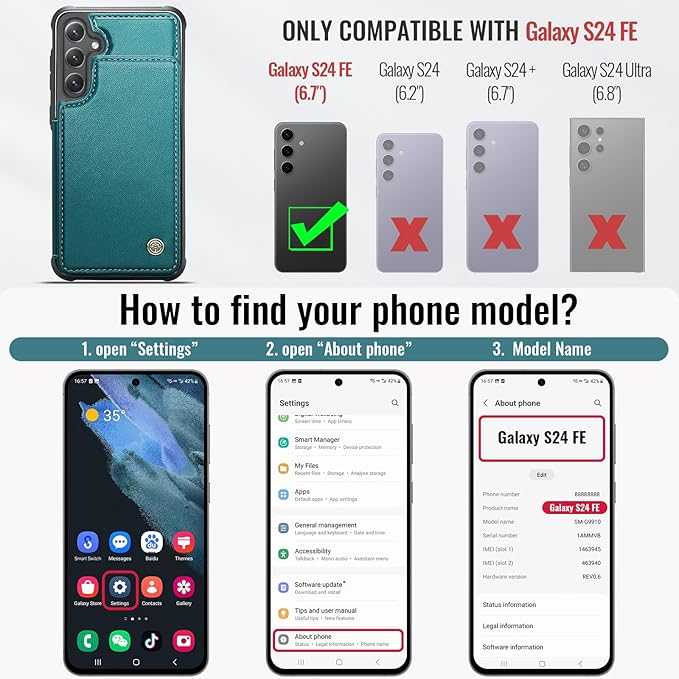 Vinich for Samsung Galaxy S24 FE Wallet Case with Card Holder, RFID Blocking Credit Slots Kickstand Shockproof Phone Cover for Women Men, Bluish Green