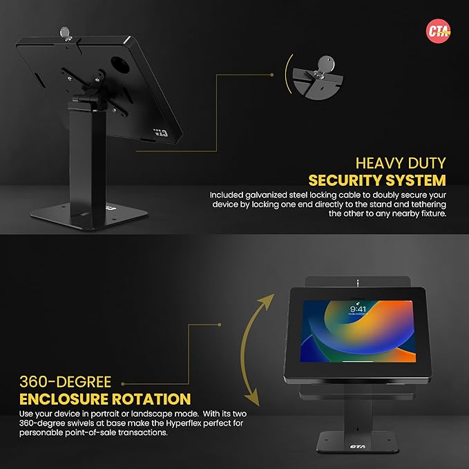 CTA Digital Sleek Rotating POS Desk Mount with Security Enclosure for iPad 10th Gen A16, iPad Air 11" M3 & M2, Pro 11", Galaxy Tab A7 & More - Black (PAD-RSDMB)