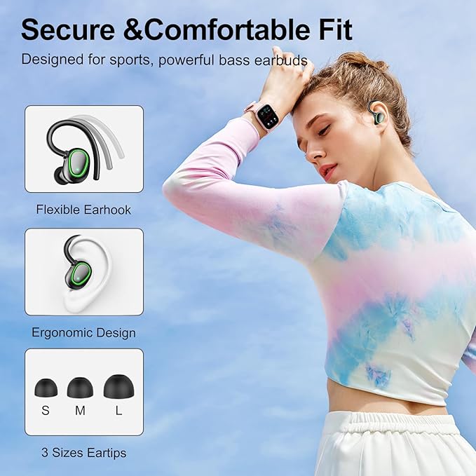 Bluetooth Wireless Headphones Earbuds 60hrs Playback Ear Buds IPX6 Waterproof Stereo Bass Over-Ear Earphones with Earhooks Microphone LED Battery Display for Sports/Workout/Gym/Running