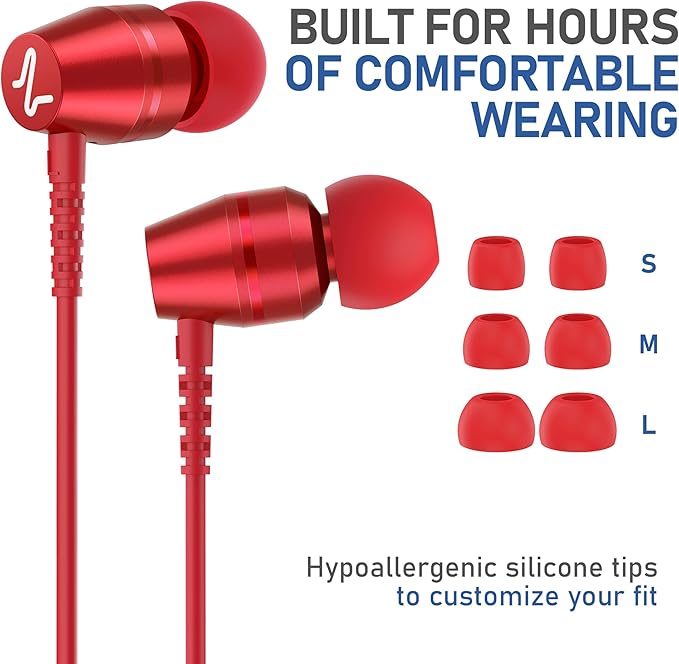 LUDOS OMNITONE Wired Earbuds in-Ear Headphones, 5 Years Warranty, Earphones with Microphone, 3.5 mm Jack Corded Ear Buds, Videoconference for iPhone, Samsung, Laptop, Kids, School Students - Red