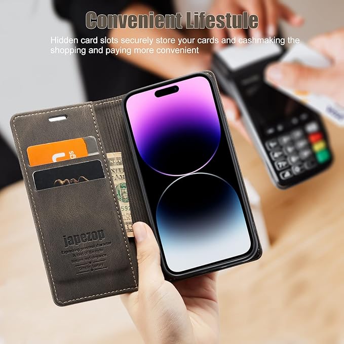 japezop iPhone 14 Pro Max Wallet Case with [RFID Blocking] Card Holder Kickstand Magnetic,Leather Flip Case Wallet for iPhone 14 Pro Max 5G 6.7 Inch (Coffee)