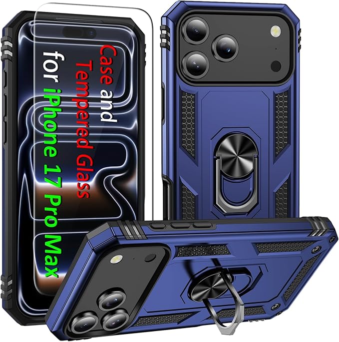 ADDIT Compatible with iPhone 17 Pro Max Case with Tempered Glass Screen Protector, Adjustable Kickstand Ring, Military-Grade Heavy Duty Protection, Shockproof, Anti-Fingerprint,Blue