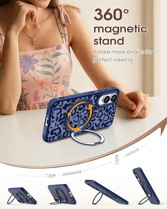 for Samsung Galaxy S25 Edge Case with 360° Rotatable Magnetic Ring - Compatible with MagSafe, Semi-Transparent Soft-Touch Material Shockproof, Cute Blue Cheetah Print Design for Women Girl