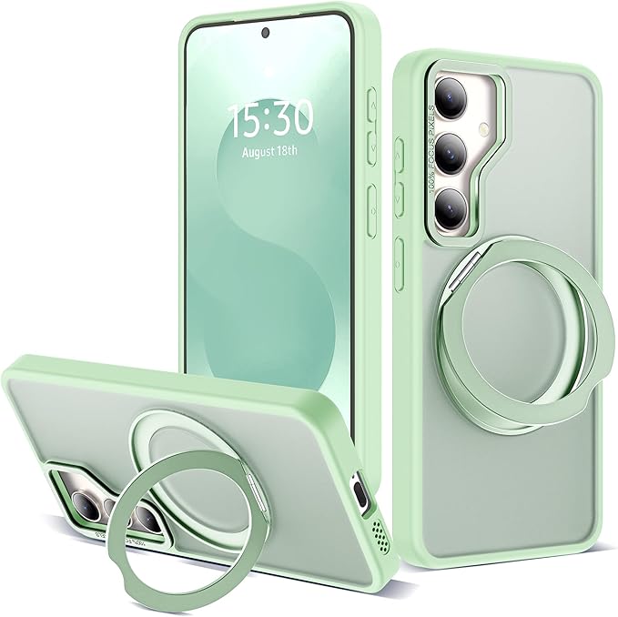 for Samsung Galaxy S25 Plus Case with 360°Rotatable Magnetic Ring Stand Compatible with Mag-Safe Military Protection Shockproof Matte Translucent Phone Cases for Galaxy S25+,Green