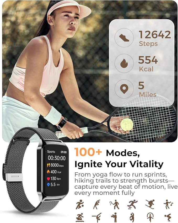 Fitness Tracker Watch for Women Men, Step Counter Work For iPhone and Android, IP68 Waterproof, Activity Track with Calorie, Sleep Monitor, 110+ Sports Modes Pedometer Smart Smartwatch (Black, 1.57)