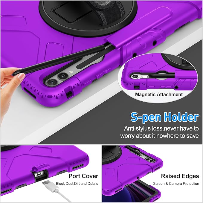 SUPFIVES Case for Samsung Galaxy Tab S10 Plus 12.4 Inch 2024: Tab S9 Plus 12.4 Case with Screen Protecor/S-Pen Holder/Handle/Rotating Kickstand/Shoulder Strap- Black