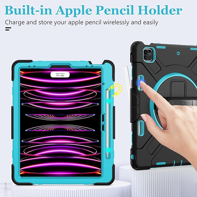 Case for iPad Pro 12.9 2022/2021/ 2020/2018: Cover for iPad Pro 12.9 6th/ 5th/ 4th/ 3rd Generation with Screen Protector- Stand- Pencil Holder- Handle- Shoulder Strap Mint Green