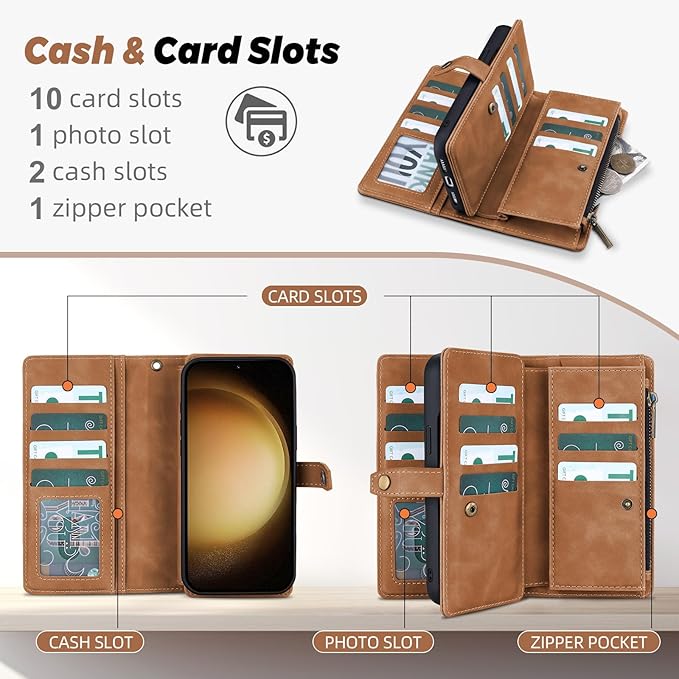 TwoHead for Samsung Galaxy S23 Plus Wallet Case with Card Holder,Detachable Magnetic Phone Case for Galaxy S23 Plus,PU Leather All-Round Protective Phone Cover Wallet with Strap(6.6 in, Brown)