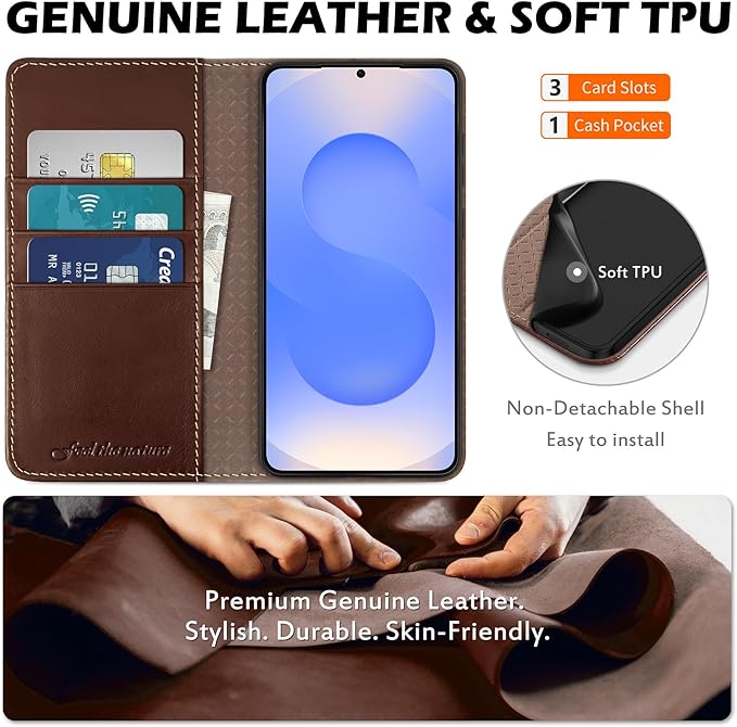 SHIELDON Wallet Case for Galaxy S25 FE 5G, Genuine Leather Case with RFID Blocking Credit Card Holder Kickstand Magnetic Folio Protective Cover Compatible with Galaxy S25 FE 6.7" 2025 - Retro Coffee