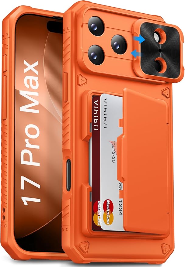 Vihibii for iPhone 17 Pro Max Case with Card Holder (4 Cards) [RFID Blocking] & Slide Camera Cover, Military Grade Drop Protection, Rugged Hard Back & Silicone Edge Wallet Phone Case 6.9" 2025, Orange