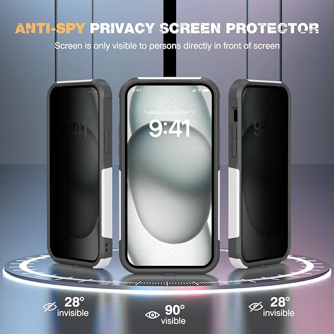 Diaclara Designed for iPhone 15 Plus Case, [with Privacy Screen Protector] [Anti Spy] [Military Grade Drop Protection] Heavy Duty Full-Body Shockproof Phone Case, White