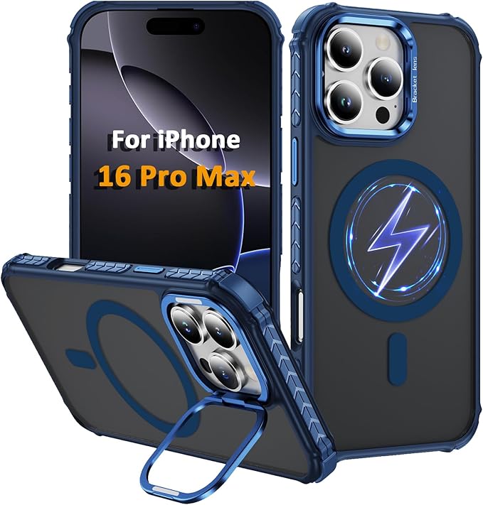 Magnetic for iPhone 16 Pro Max Case Blue with MagSafe Wireless Charging Heavy Duty Military-Grade Shockproof Protection Adjustable Kickstand Slim Matte Anti-Fingerprint Cover Men Women