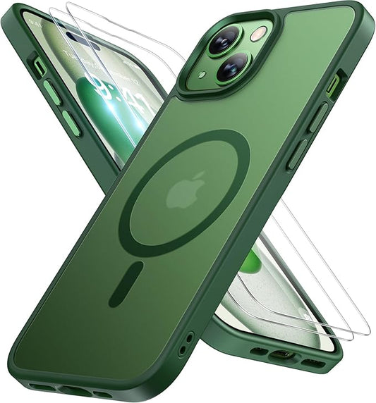 Miracase Magnetic for iPhone 15 Plus Case 6.7 inch (Compatible with MagSafe)（with 2X Screen Protectors） Military-Grade Protection, Anti-Fingerprint Translucent Matte Phone Cover, Dark Green