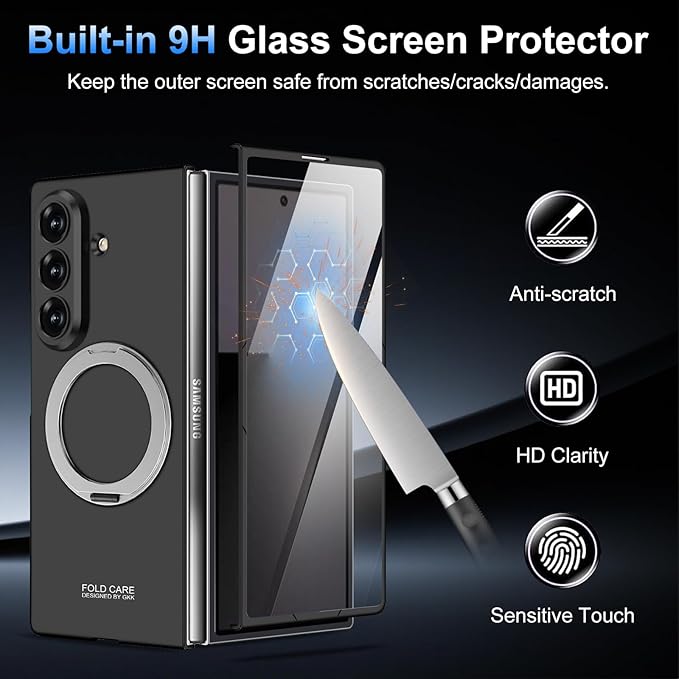 360 Spin Magnetic Stand for Samsung Galaxy Z Fold 7 Case, with Screen Protector [Compatible with MagSafe] Slim PC Hard Ring Holder Kickstand Protection Cover for Samsung Z Fold 7 Phone Case (Black)