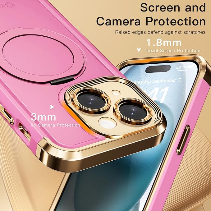 COOLQO for iPhone 15 Case 6.1'' Upgraded 360° Spin Magnetic Stand [Compatible with Magsafe][Military Protection] Plating Matte Scratch-Resistant Back Protective Shockproof Phone Case, Pink Gold