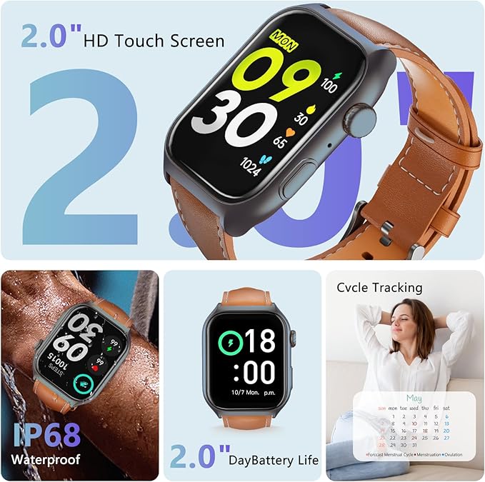 YMS Android Smart Watch for Women - Bluetooth Call,Compatible with Android & iOS，2.0" HD Screen, Heart Rate/Sleep/Step Tracker, 100+ Sports Modes,IP68 Waterproof Men Fitness Tracker (Brown(Leather))