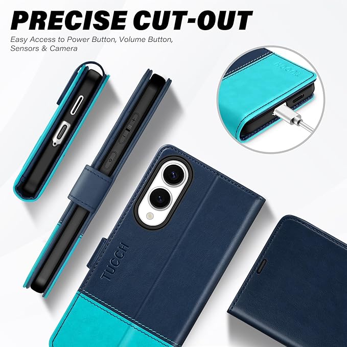 TUCCH Wallet Case for Galaxy S25 Edge 5G, Magnetic PU Leather Kickstand [RFID Blocking] 4 Card Slots Folio Cover with TPU Shockproof Inner Shell Compatible with Galaxy S25 Edge 6.7", Blue & Lake Blue