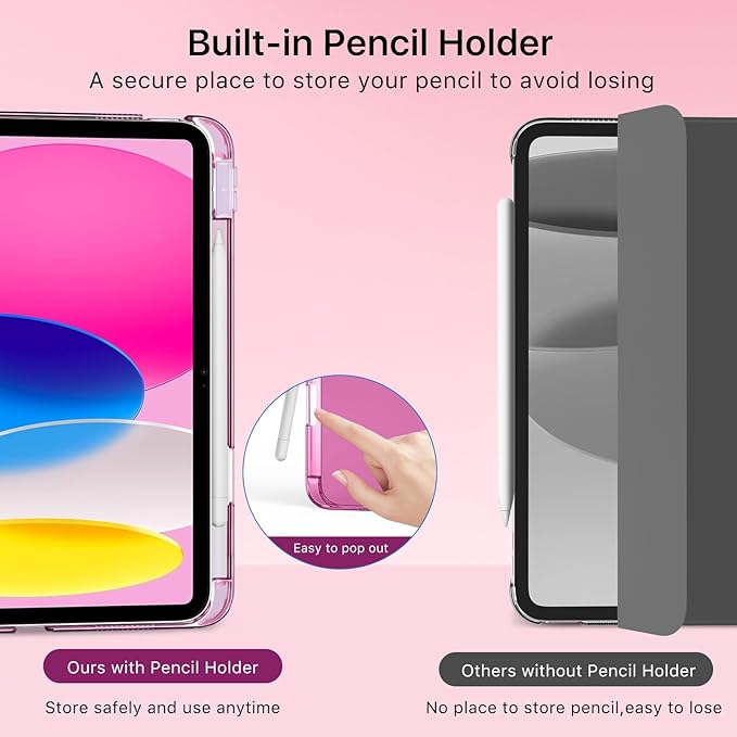 MoKo for iPad (A16) 11th Generation Case 11 Inch 2025, iPad 10th Generation Case 10.9 Inch 2022 with Pencil Holder, Slim Light Trifold Protective Cover with Hard PC Translucent Back Shell, Fuchsia