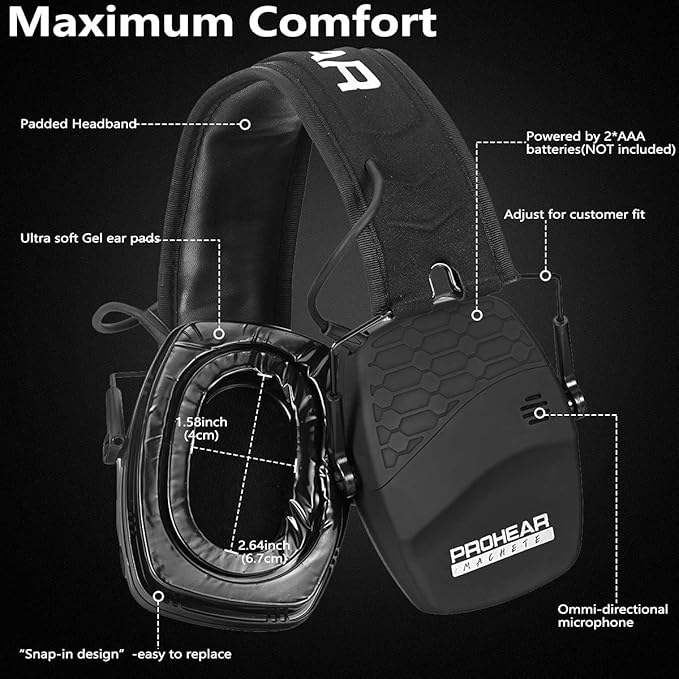 PROHEAR 030 Upgraded Bluetooth Electronic Shooting Hearing Protection Muffs with GEP02 Gel Ear Pads, Noise Reduction Sound Amplification Headsets for Gun Range, Hunting, Gifts for Women Man - Black