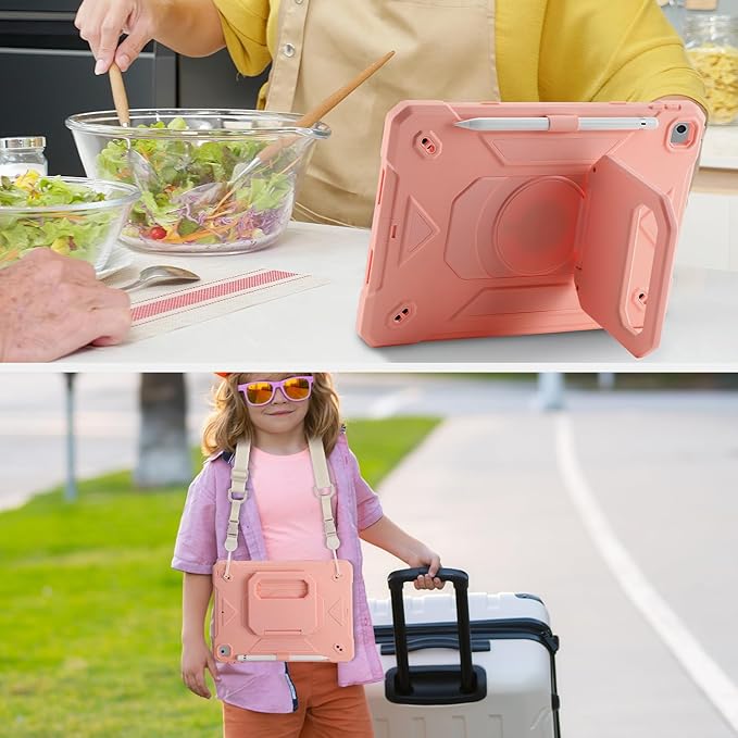 for iPad 10.2 inch Shockproof Case with 360 Rotating Grip Magic Stand, Pen Slot/Keychain/Carrying Shoulder Strap,Case for iPad 9th/8th/7th Gen