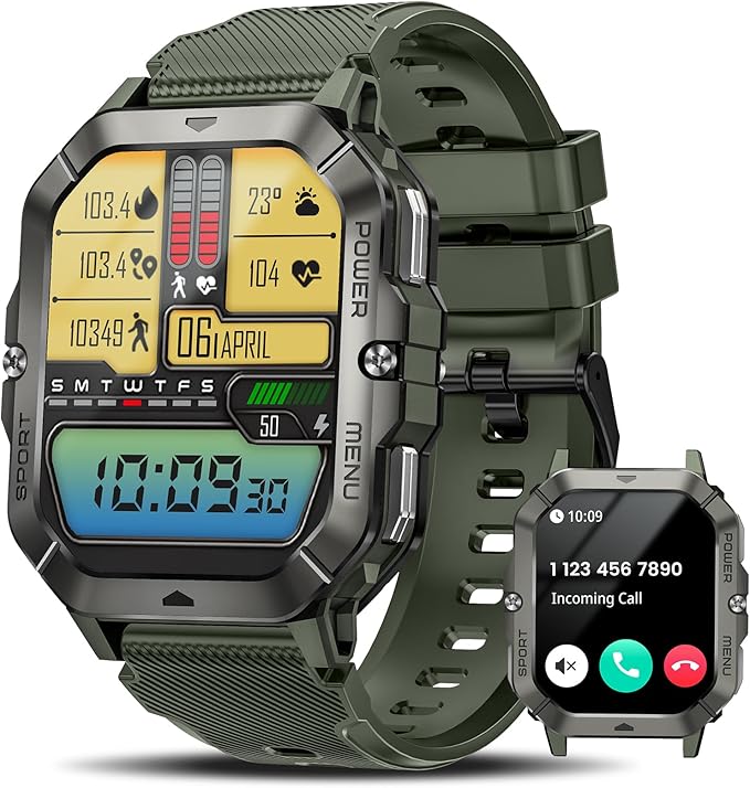 Military Smart Watches for Men (Answer/Make Calls), Waterproof Rugged Fitness Tracker with Blood Pressure/Heart Rate/SpO2/Sleep, Bluetooth Tactical Smart Watch for Android and iPhone, Military Green