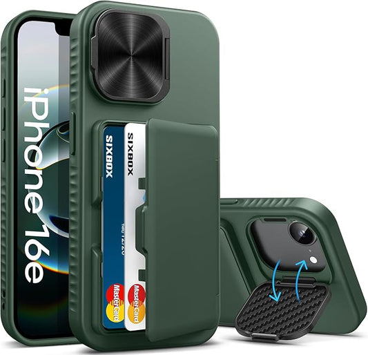 for iPhone 16e Case Wallet with Stand, Built-in Card Holder & Camera Cover, Military Grade Drop Protection Shockproof Rugged Protective Multifunctional Phone Case for iPhone 16e 2025, Green