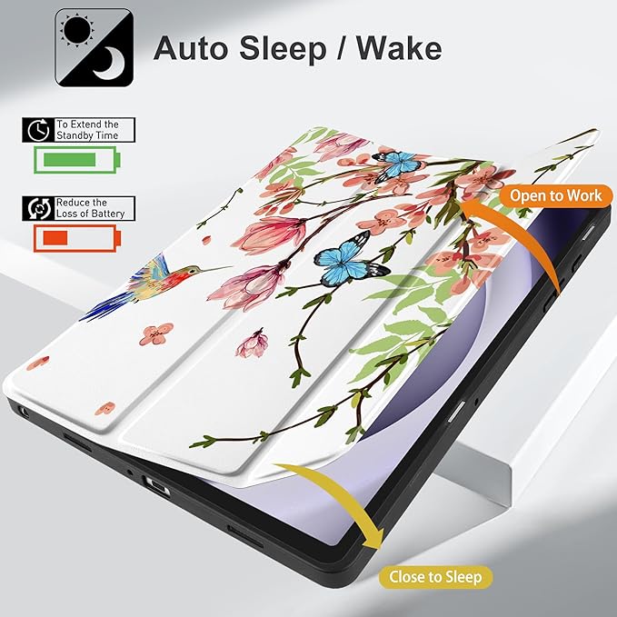 MEEgoodo Case for Samsung Galaxy Tab A9 Plus 11 inch Cover 2024 2023 with S Pen Holder, A9+ Smart Tablet Cases with Leather Trifold Stand+Soft TPU Back Shell+Smart Auto Wake/Sleep, Birds & Flowers