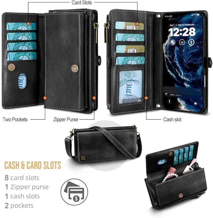 for iPhone 17 Pro Max Wallet Phone Case with 8 Card Holder,RFID Blocking | PU Leather | Kickstand | Flip | Wrist Strap&Shoulder Strap | Shockproof | Zipper Wallet | Women Men | 6.9" | Black