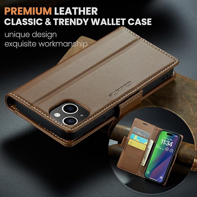 for iPhone 15 Plus Case, Premium PU Leather Wallet Case Flip Cover with [RFID Blocking][Card Holder][Stand Function] Shockproof Protective for iPhone 15 Plus, Brown