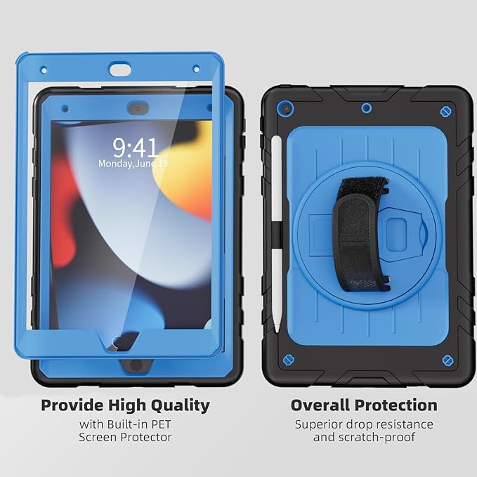 Case for iPad 9th/8th/7th Generation-Built-in Screen Protector,with Pencil Holder&360°Rotating Hand Strap,Shoulder Strap,Case for iPad 10.2 inch 2021-2019(Black/Sky Blue)