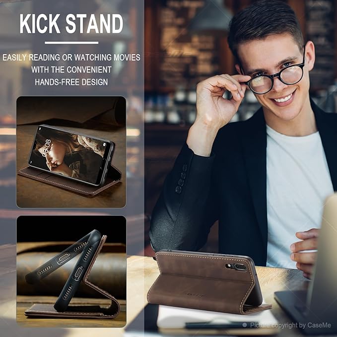 for Huawei P20 Case, Flip Wallet Leather Case with Card Holder Magnetic Closure Shockproof Kickstand Protective Phone Cases Cover for Huawei P20,Coffee