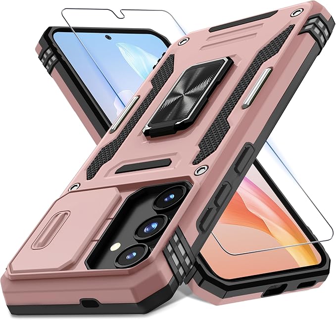 DEERLAMN Case for Samsung Galaxy S25 FE 6.7-Inch with Slide Camera Cover+Screen Protector(1 Pack), Rotated Ring Kickstand Military Grade Shockproof Protective Cover-Rose Gold