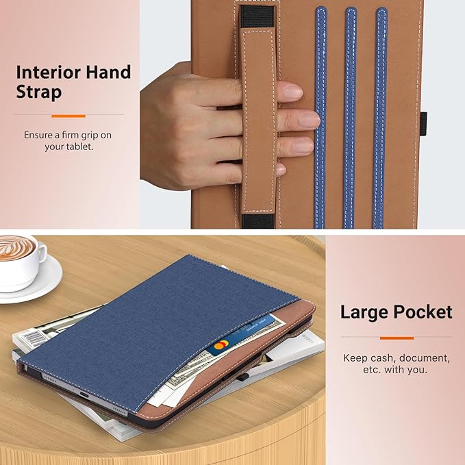 MoKo Case for Samsung Galaxy Tab A9 Plus 11" 2023 (SM-X210/SM-X216/SM-X218), PU Leather Multi-Angle Viewing Folding Stand Cover Case with Hand Strap, Front Pocket, Auto Wake/Sleep, Denim Blue & Brown