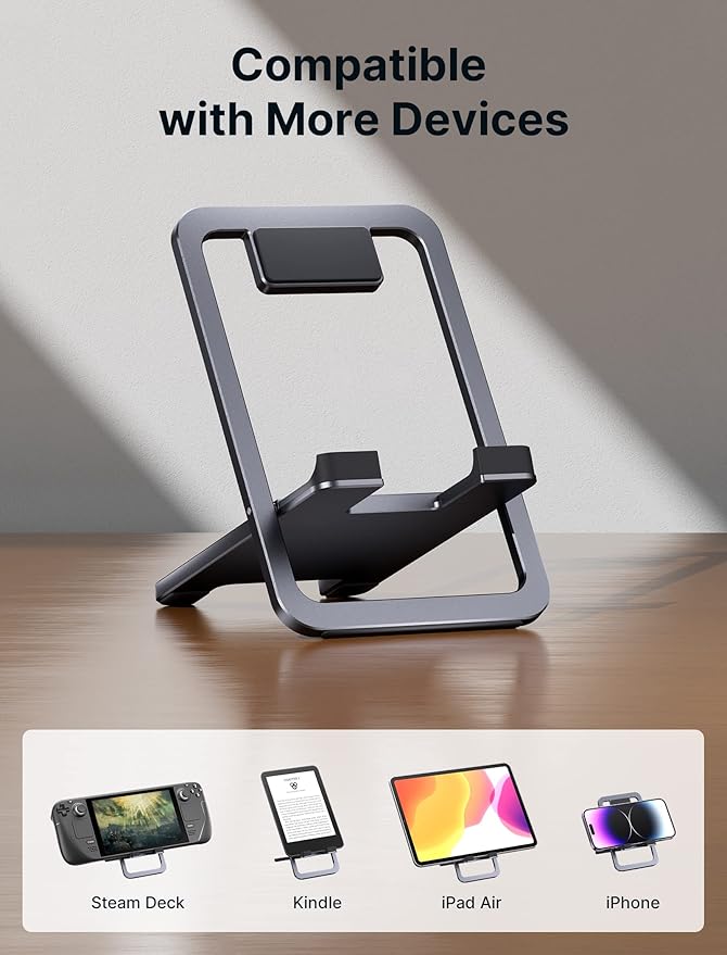 JSAUX Universal Tablet Stand, Portable Foldable Tablet Holder for Desk Compatible with iPad mini/Air, Samsung Galaxy Tab, Kindle Fire, Steam Deck, Switch 2, ROG Ally, iPhone and Other Tablets-Gray