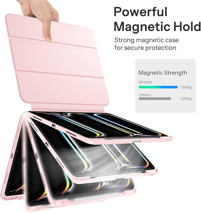 SPARIN Case for iPad Pro 13 inch 2024-M4 with Pencil Holder, Detachable Magnetic Hybrid Protective Cover, Portrait/Landscape Stand, Durable Protection, Auto Wake/Sleep -Pink