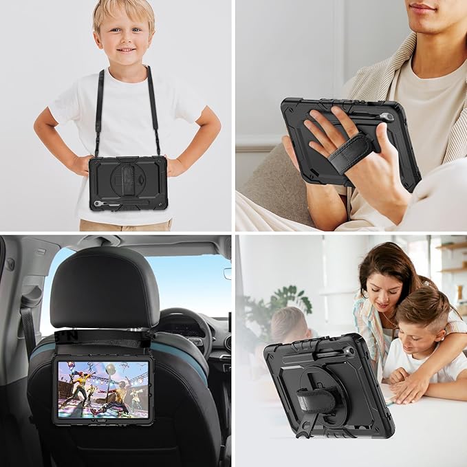 Herize Case Compatible with Samsung Galaxy Tab S10 FE / S9 FE 10.9 Inch Inch with Screen Protector | Cover for S9 11 Inch | Heavy Duty Shockproof Case W/Hand Strap Stand | Black