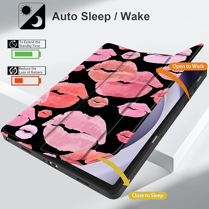 MEEgoodo Case for Samsung Galaxy Tab A9 Plus 11 inch Cover 2024 2023 with S Pen Holder, A9+ Smart Tablet Cases with Leather Trifold Stand+Soft TPU Back Shell+Smart Auto Wake/Sleep, Red & Pink Lips