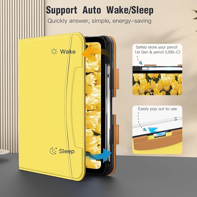 MoKo for iPad (A16) 11th Generation Case 11 inch 2025, iPad 10th Generation Case 10.9" 2022 with Pencil Holder & Pocket, Premium Leather Folio Stand Cover, Multiple Viewing Angles, Light Yellow