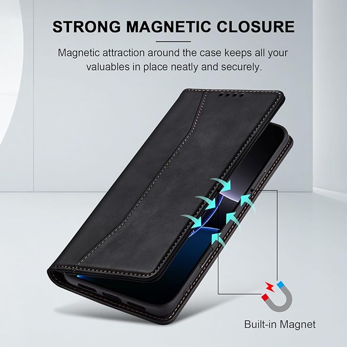 Jasonyu Flip Wallet Case for iPhone 16 Pro Max,Leather Magnetic Folio Cover with Card Holder,Kickstand - TPU Shockproof Durable Protective Phone Case,Black