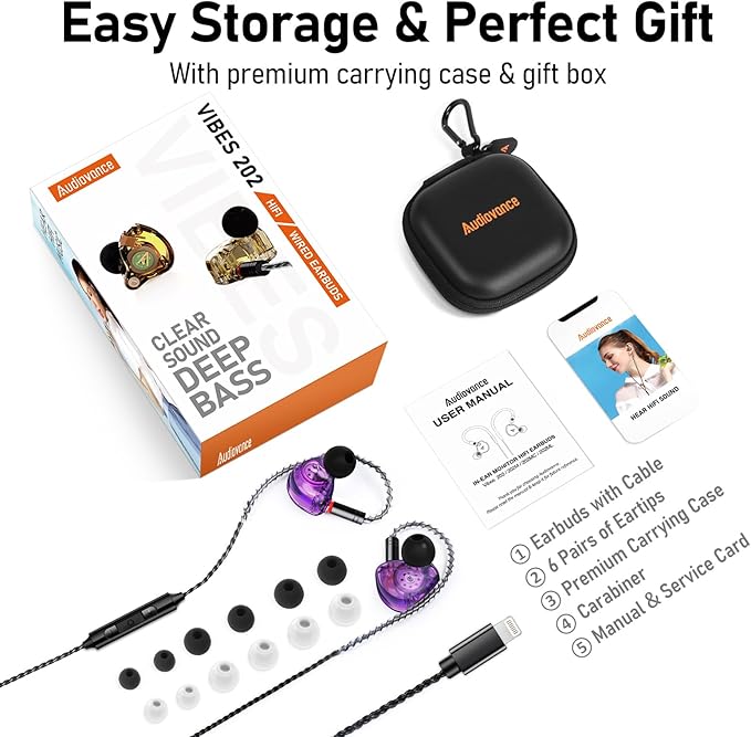 Vibes 202ML Wired Earbuds - HiFi in Ear Headphones - Noise-Isolating Ear Buds w/ Mic - Clear Sound, Deep Bass, Comfort-Fit Earphones - MMCX–Lightning for iPhone 5–14, Silver Plated Cord, Carrying Case