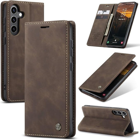 for Samsung Galaxy S24 FE 5G Case, Flip Wallet Leather Case with Card Holder Magnetic Closure Shockproof Kickstand Protective Phone Cases Cover for Galaxy S24 FE, Coffee