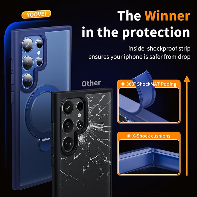 for Samsung Galaxy S24 Ultra Case,Compatible with Magsafe [Wireless Charging],with 360°Rotatable Magnetic Ring Stand,Matte Translucent Slim Soft Edge Phone Kickstand,Blue