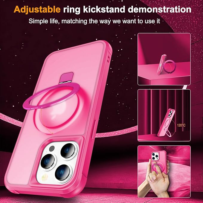 Magnetic Compatible with iPhone 15 Pro Case with Stand [Military Grade Drop Tested][Compatible with Magnet] Ring Translucent Slim Hard Back Soft Edge, Rose Red